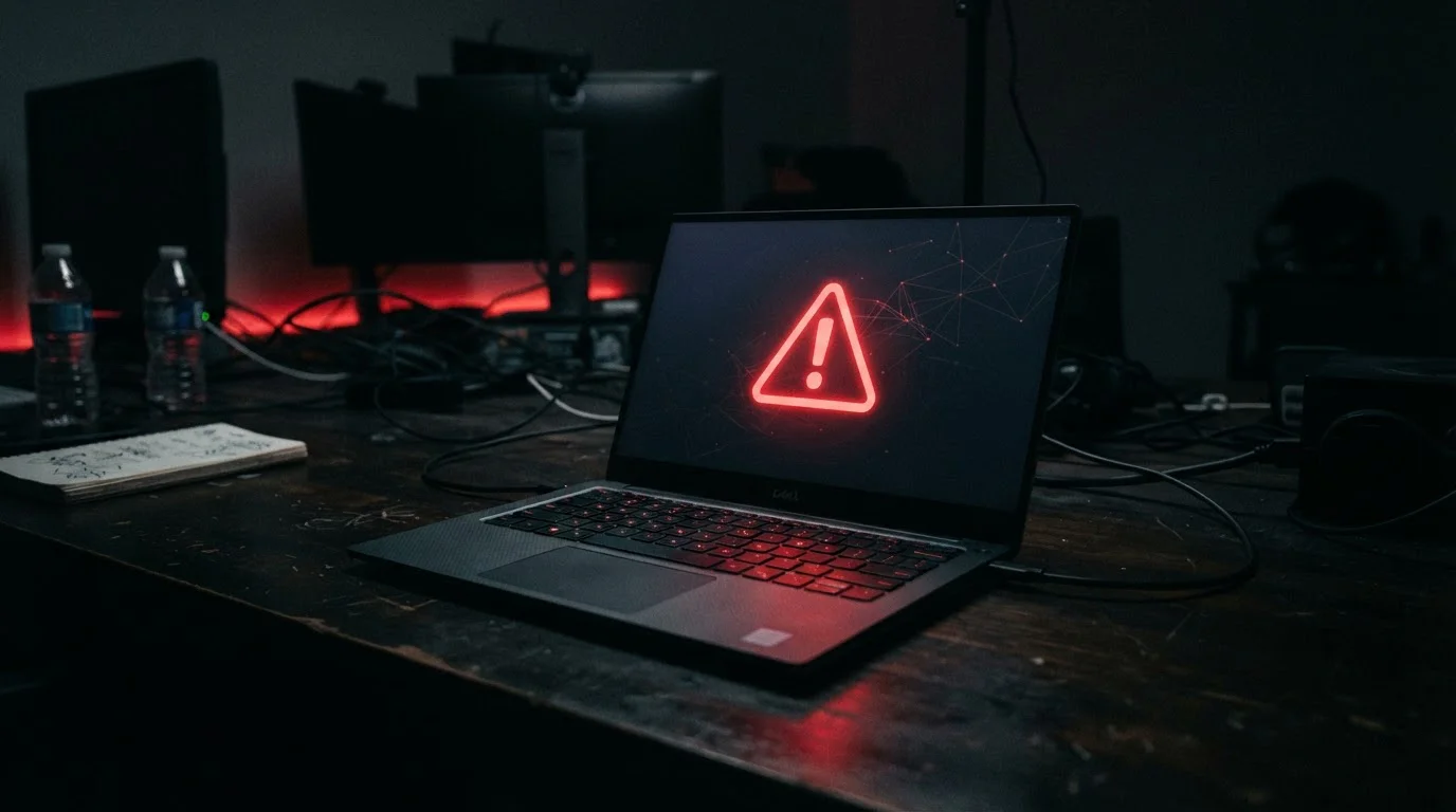 Laptop with warning symbol on screen in dark moody lighting suggesting risk