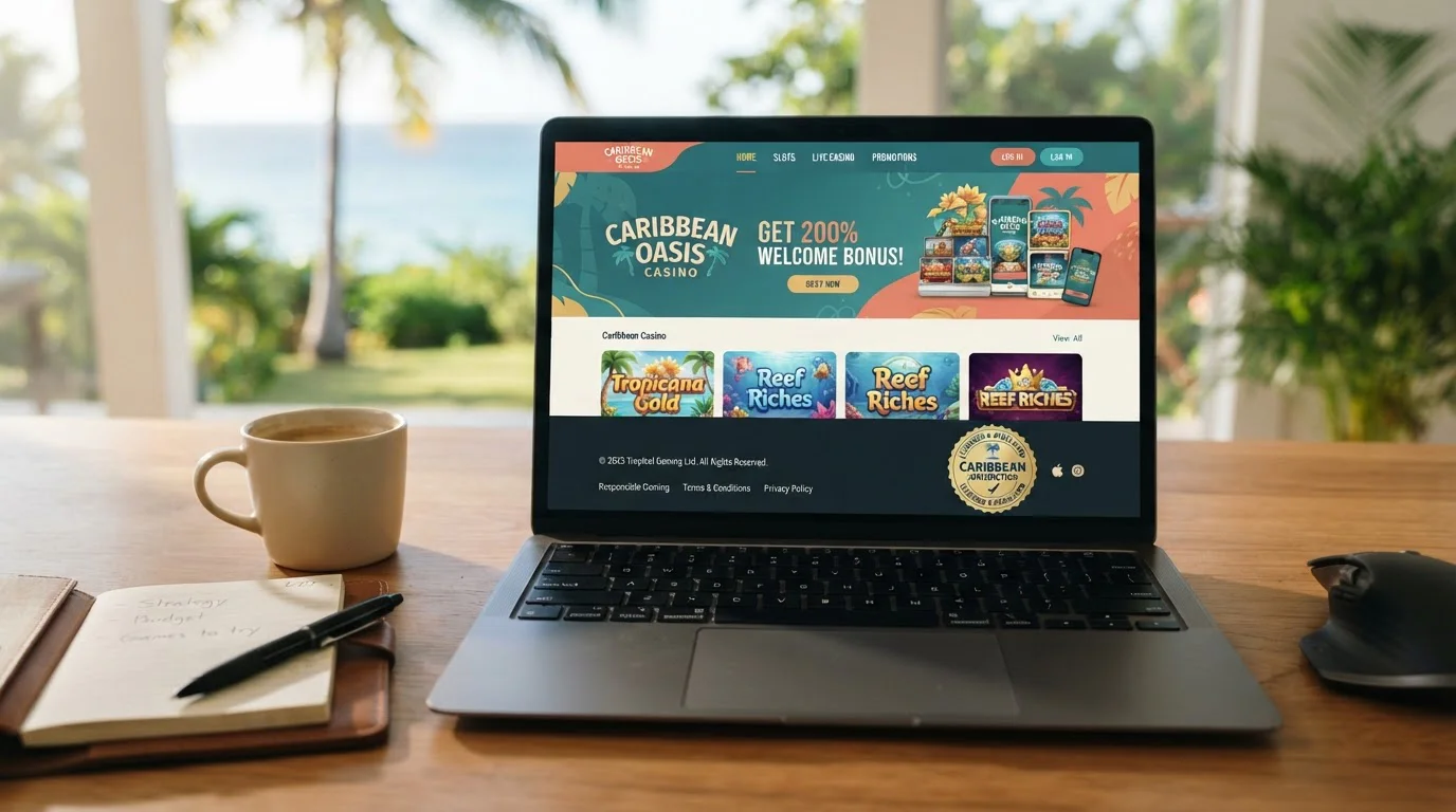 Laptop displaying Curaçao Gaming Authority licence seal on offshore casino homepage