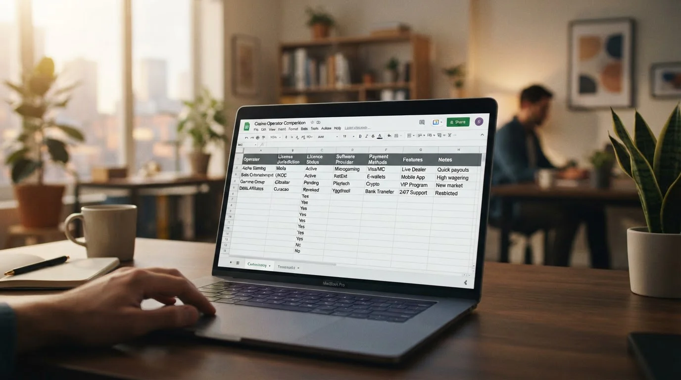 Comparison spreadsheet showing offshore casino operators with licence details