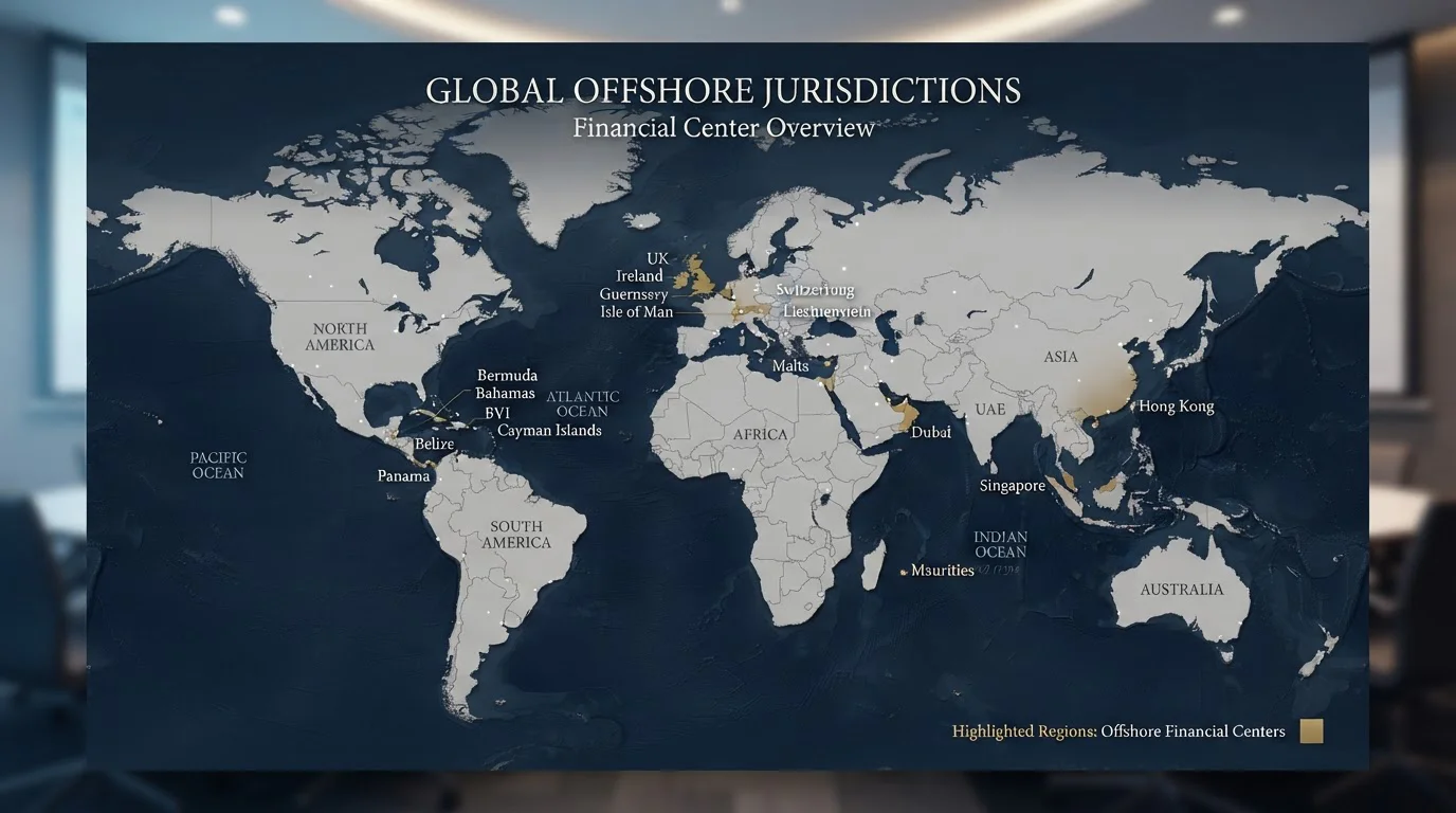 World map highlighting offshore licensing jurisdictions with neutral geographic markers