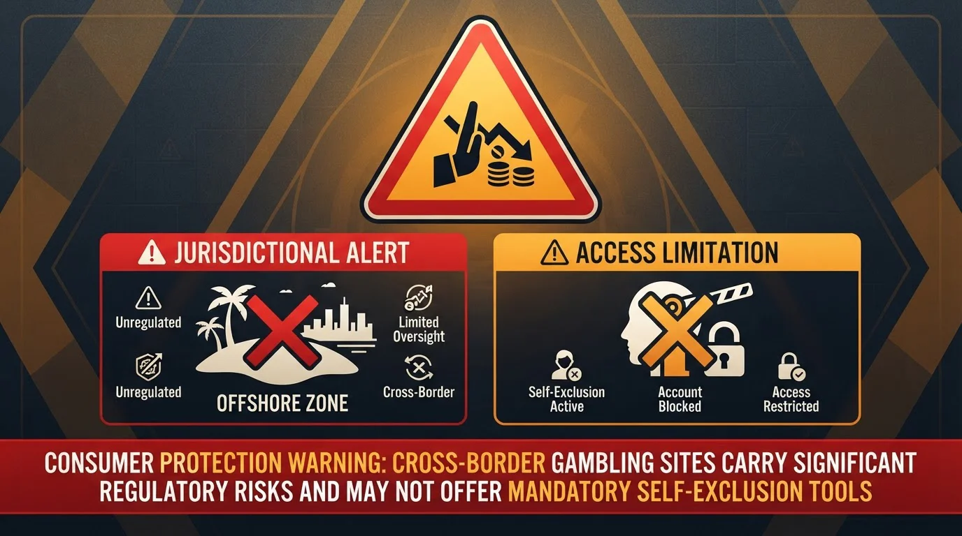 Offshore casino warning symbol with GamStop logo and UKGC licensing requirements