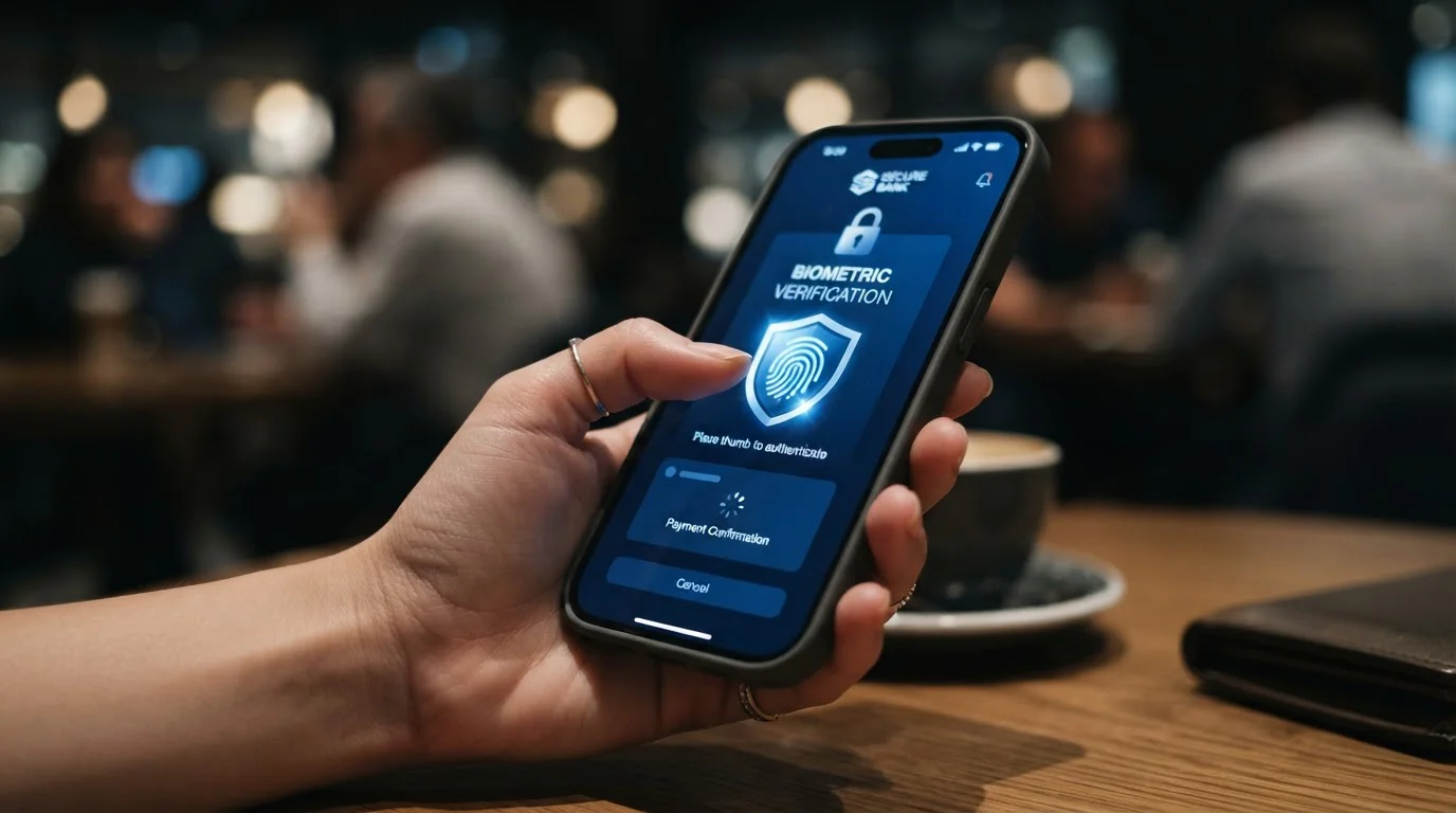 Smartphone displaying secure banking authentication screen with biometric verification prompt