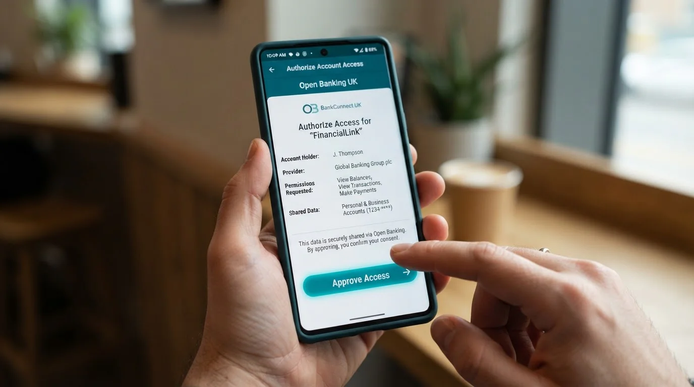 Mobile phone screen showing Open Banking authentication flow with bank app integration