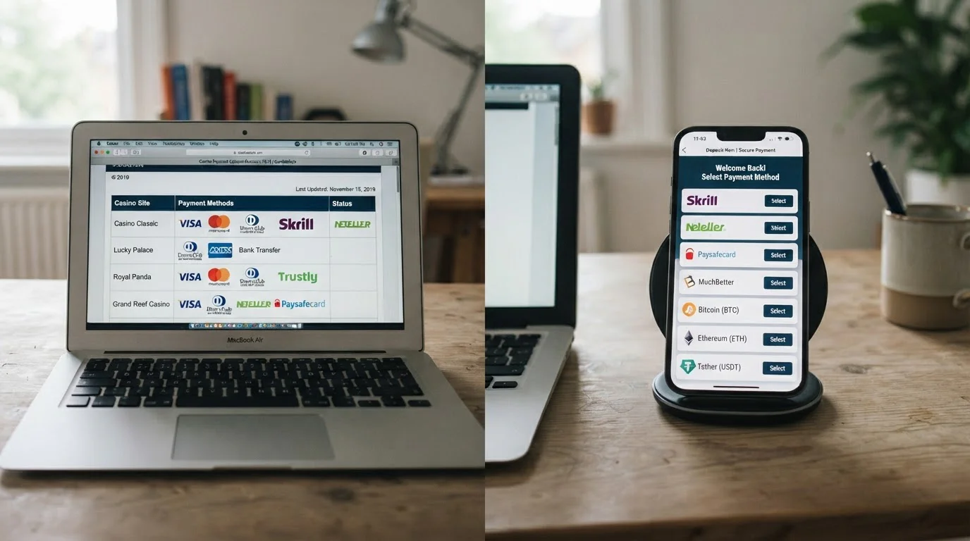 Outdated online casino payment directory listing showing Diners Club alongside modern payment methods