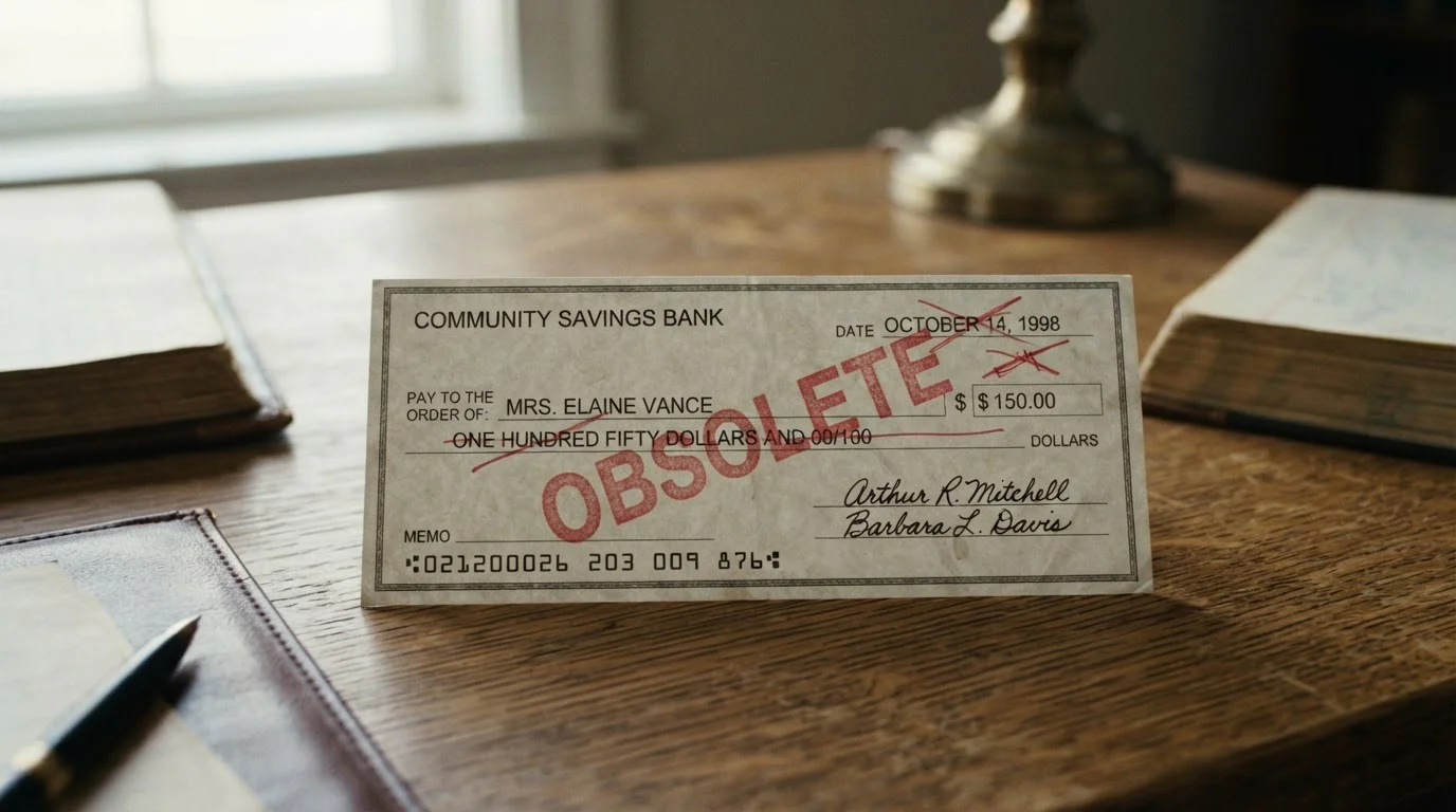 Physical paper cheque lying on a desk marked as obsolete for online gambling