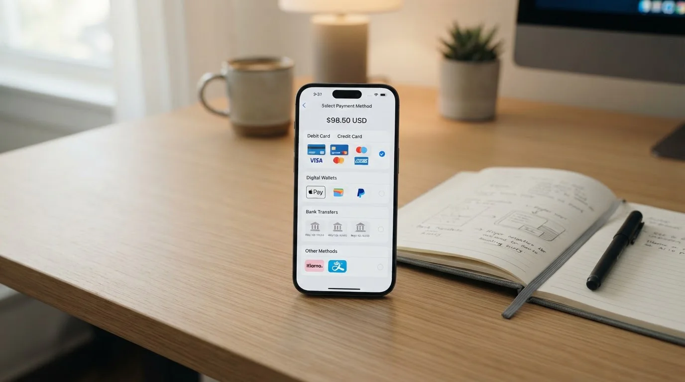 Mobile phone showing multiple payment method options including e-wallets and bank transfers
