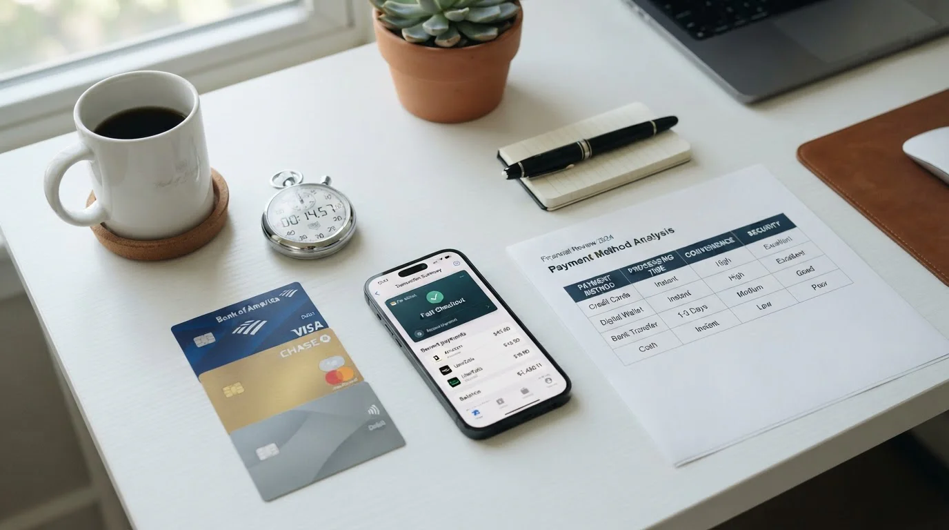 Payment cards, smartphone with e-wallet app, and speed comparison document on desk
