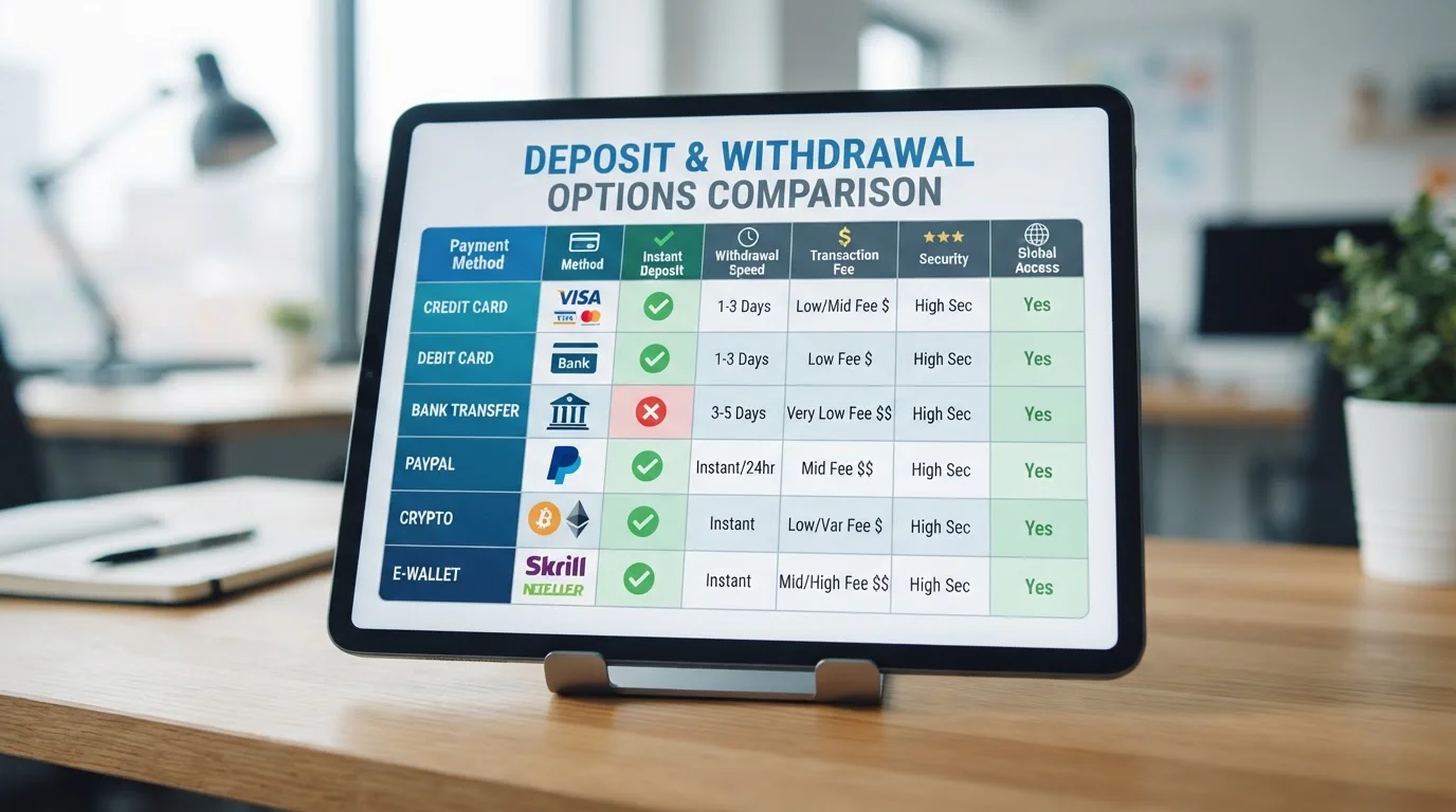 Detailed payment method comparison showing processing times and fees