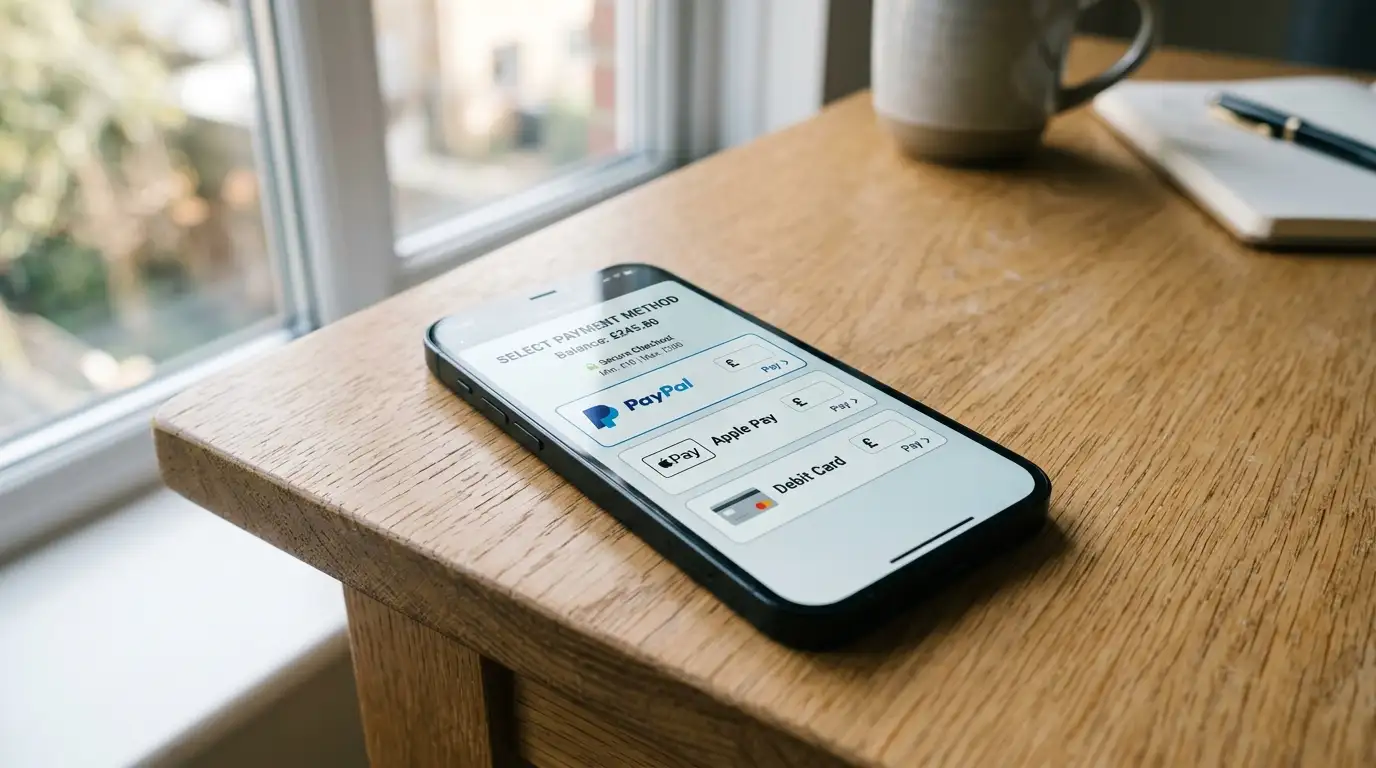 Smartphone showing PayPal, Apple Pay, and debit card payment options at UK casino