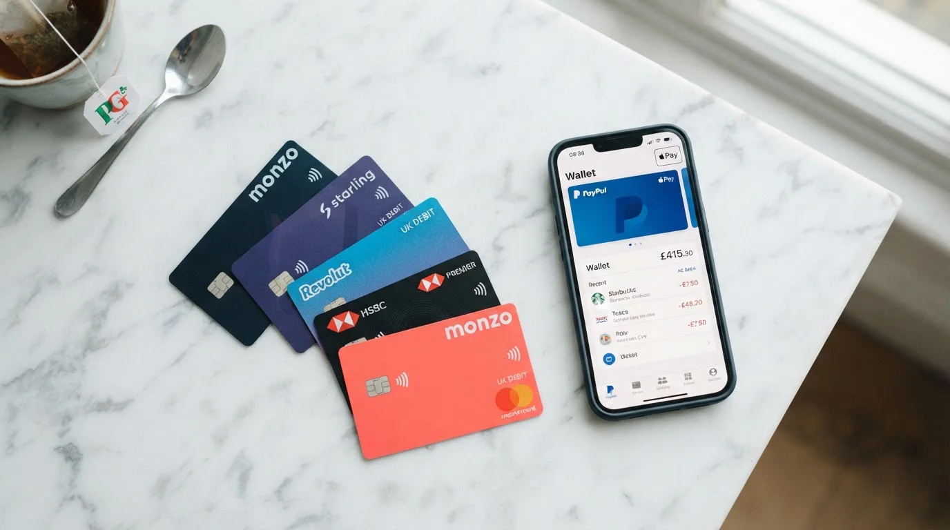 Modern UK banking cards and digital payment methods displayed on desk