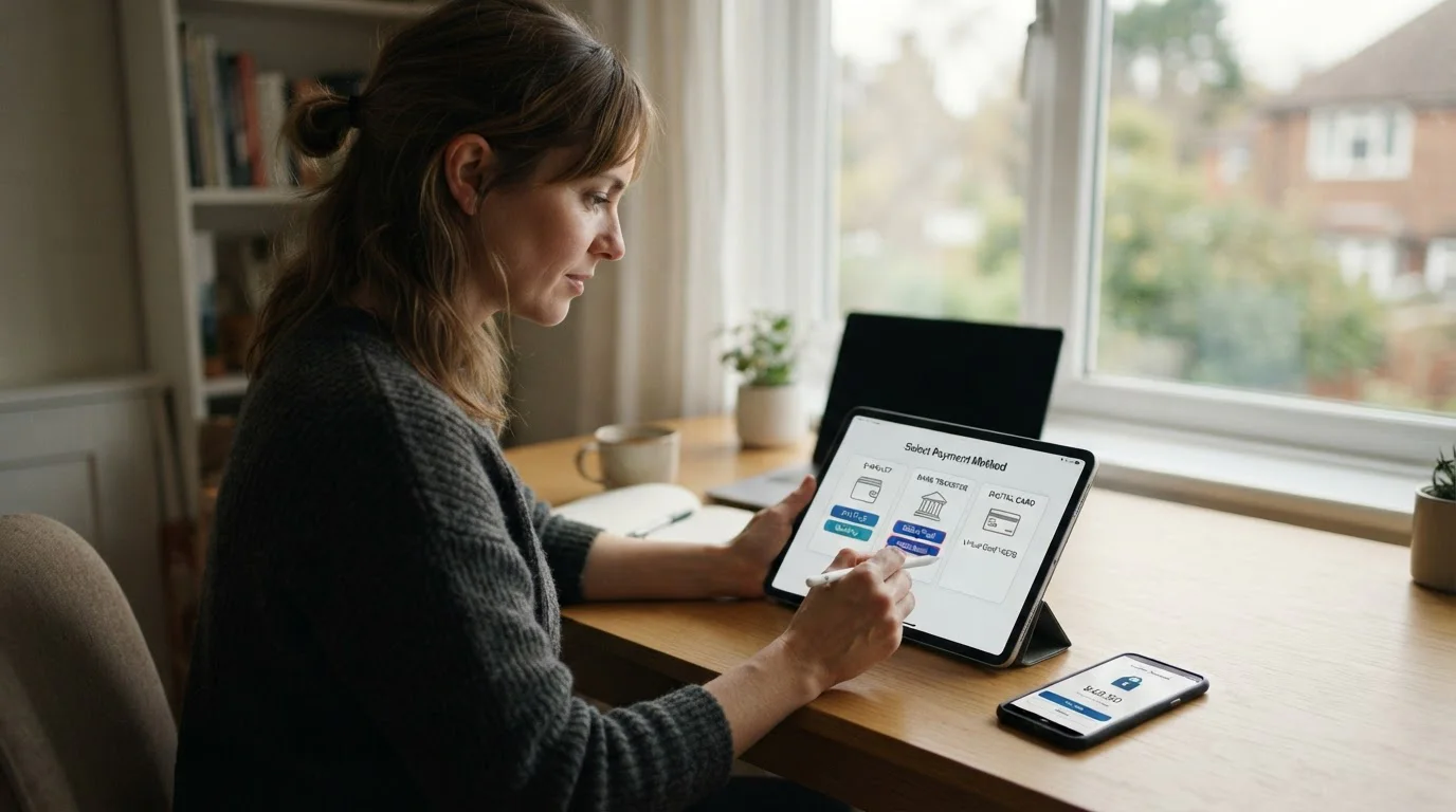 Person at desk reviewing payment options on tablet showing e-wallet and banking icons beside smartphone