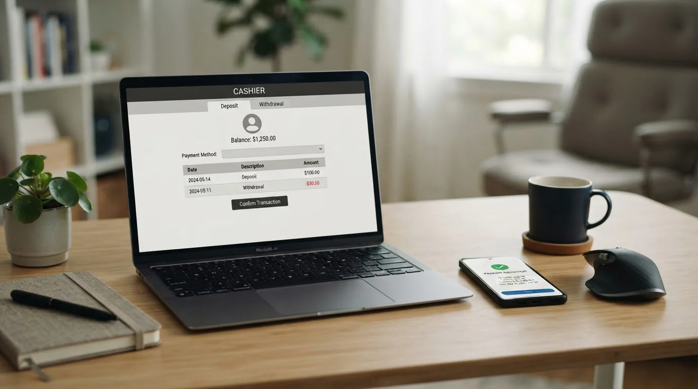 Smartphone displaying e-wallet payment confirmation screen beside laptop showing casino withdrawal request