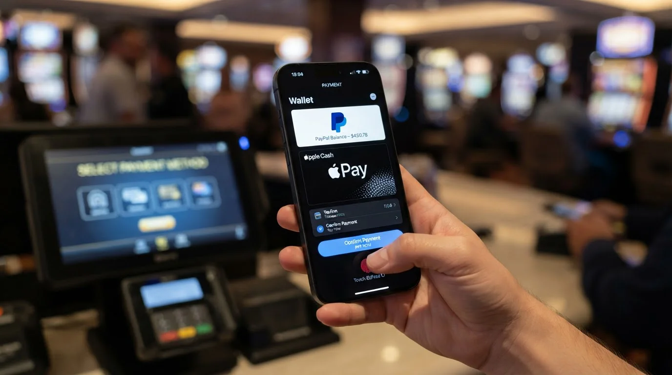 Mobile phone showing PayPal and Apple Pay wallet options for casino deposits