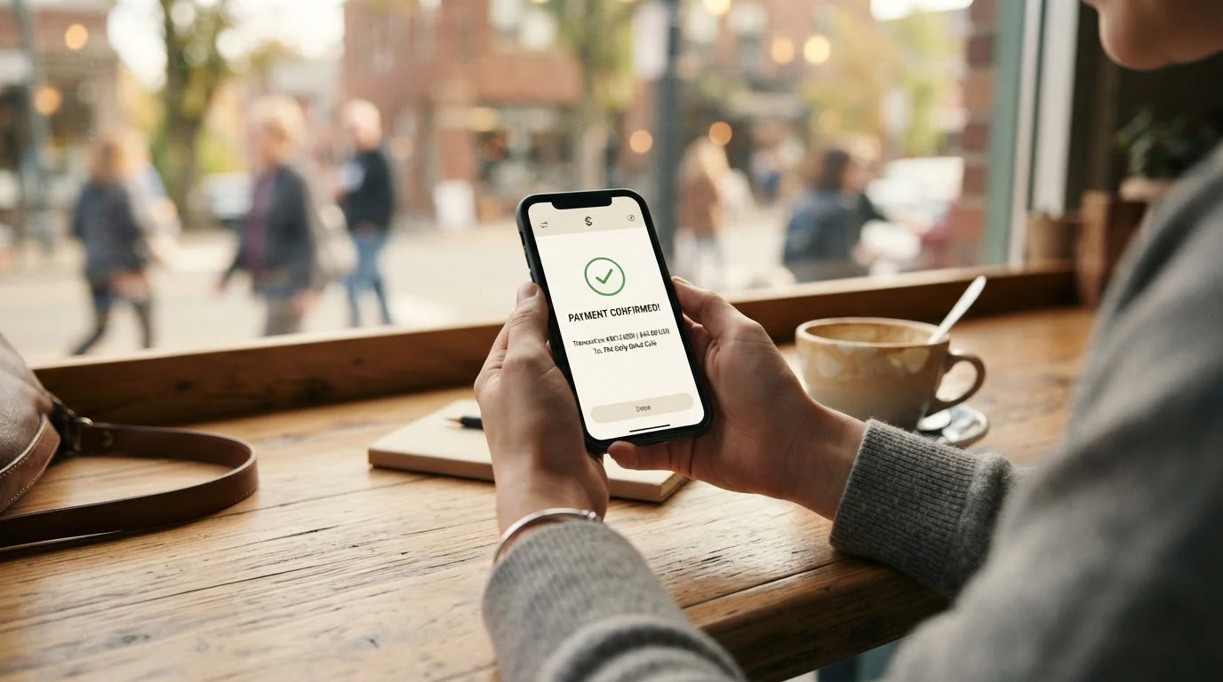 Smartphone showing e-wallet transaction confirmed with PayPal-style interface