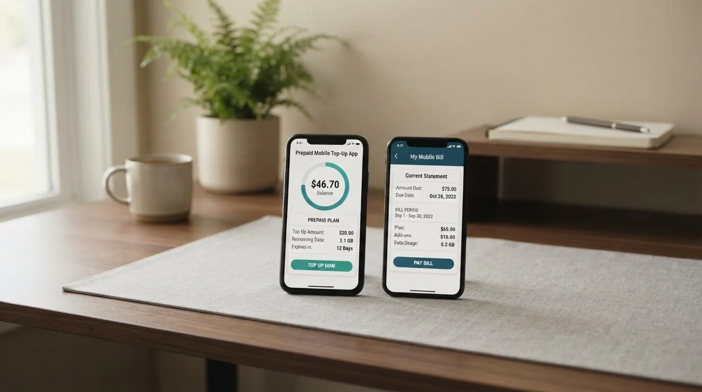 Two smartphones showing prepaid balance and monthly billing interfaces side by side