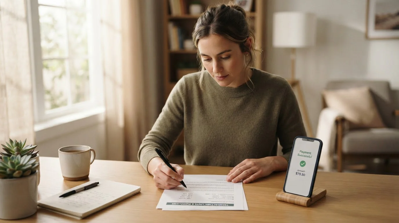 Person reviewing transaction limits document with smartphone showing payment confirmation