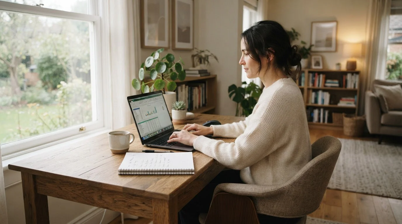 Person at laptop in calm home office setting with notebook showing deposit limit planning notes