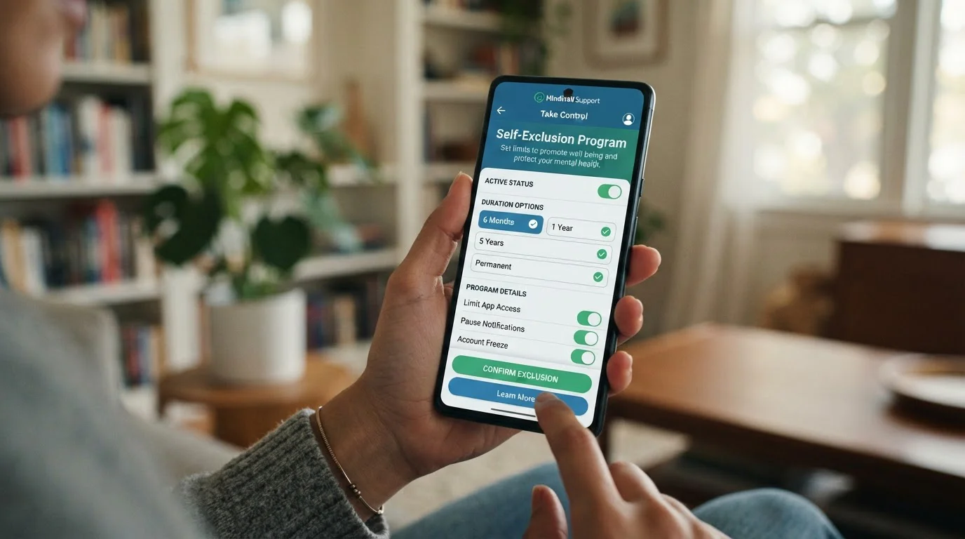 Person using smartphone with GAMSTOP self-exclusion interface
