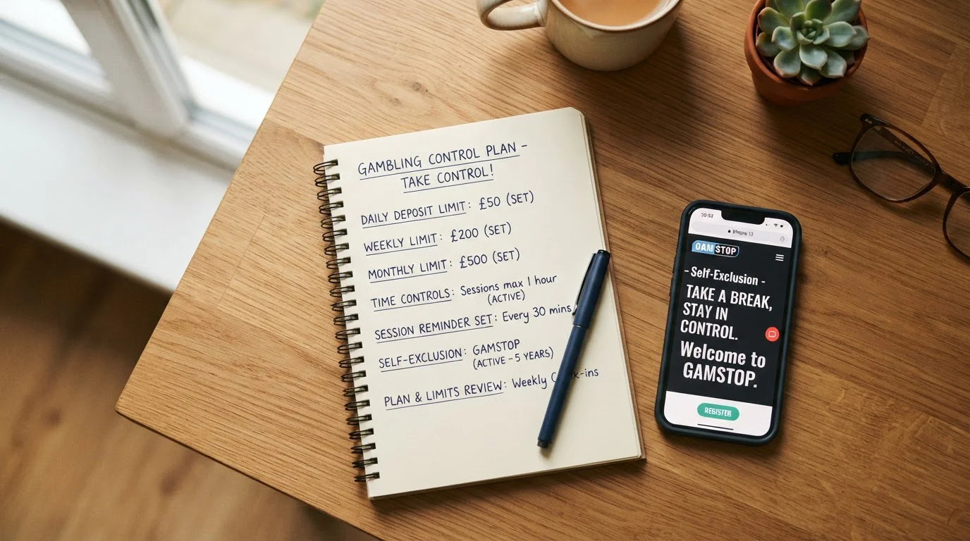 Desk with notepad showing responsible gambling limits and self-exclusion information