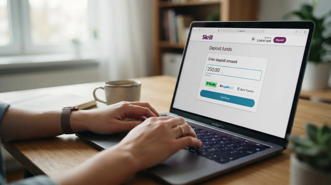 Person using laptop to deposit funds via Skrill e-wallet interface