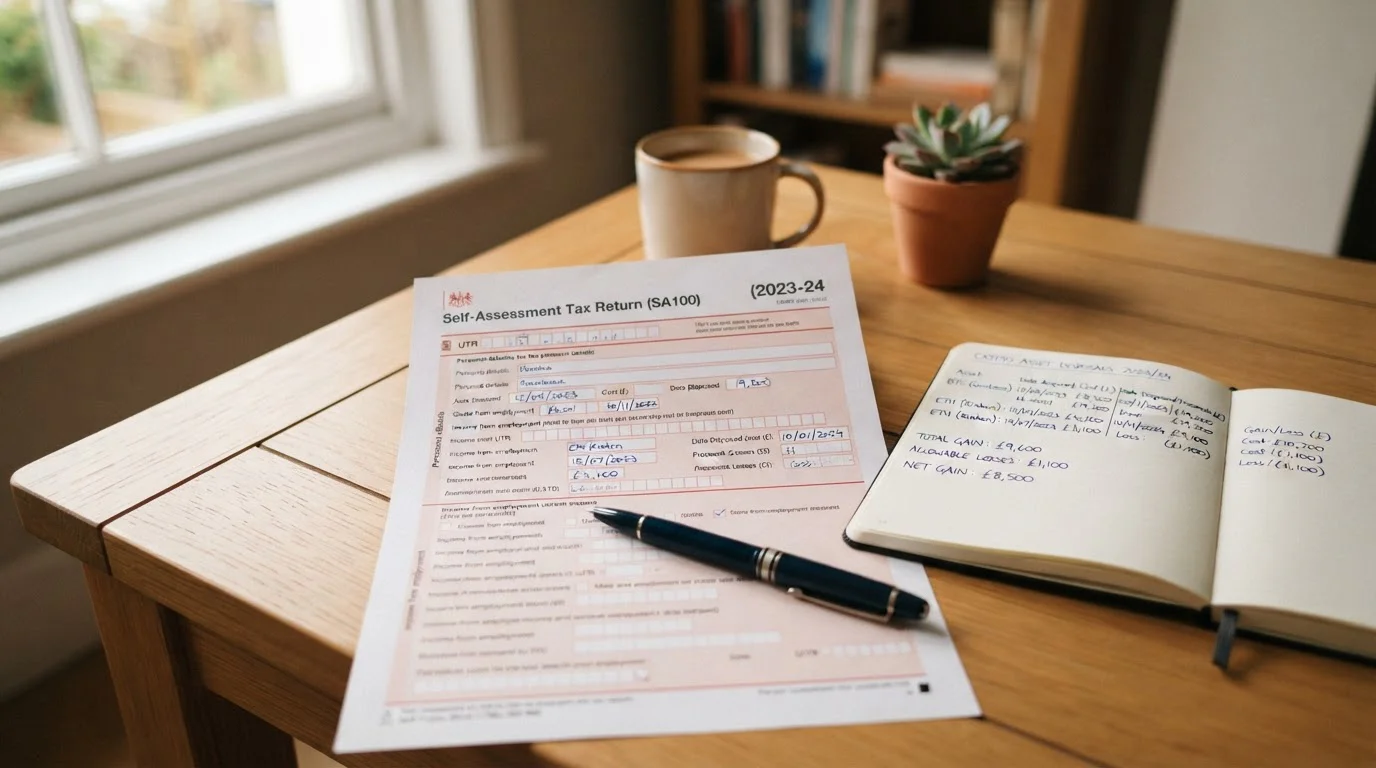 HMRC self-assessment form on a desk with a notebook showing crypto disposal calculations