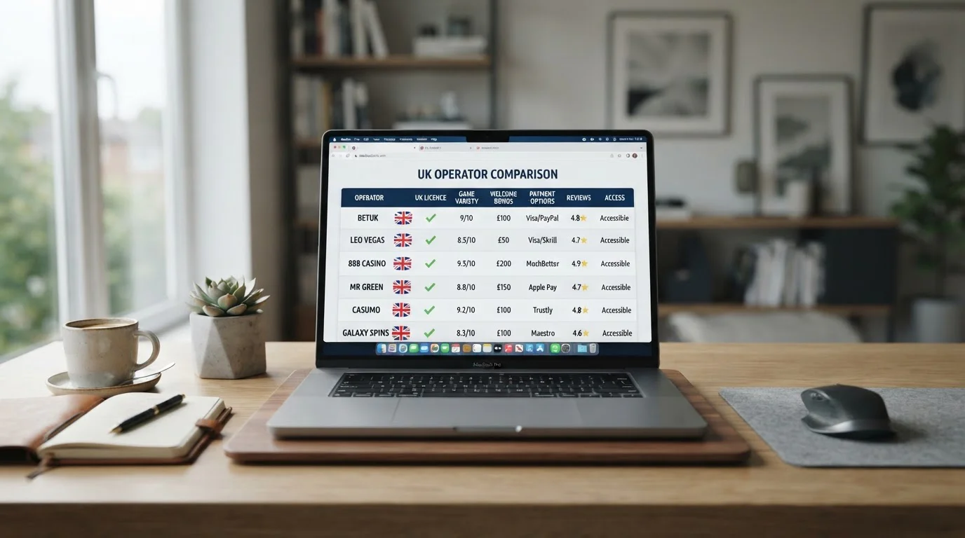 Comparison table displayed on a laptop screen showing offshore casino operators with UK access flags