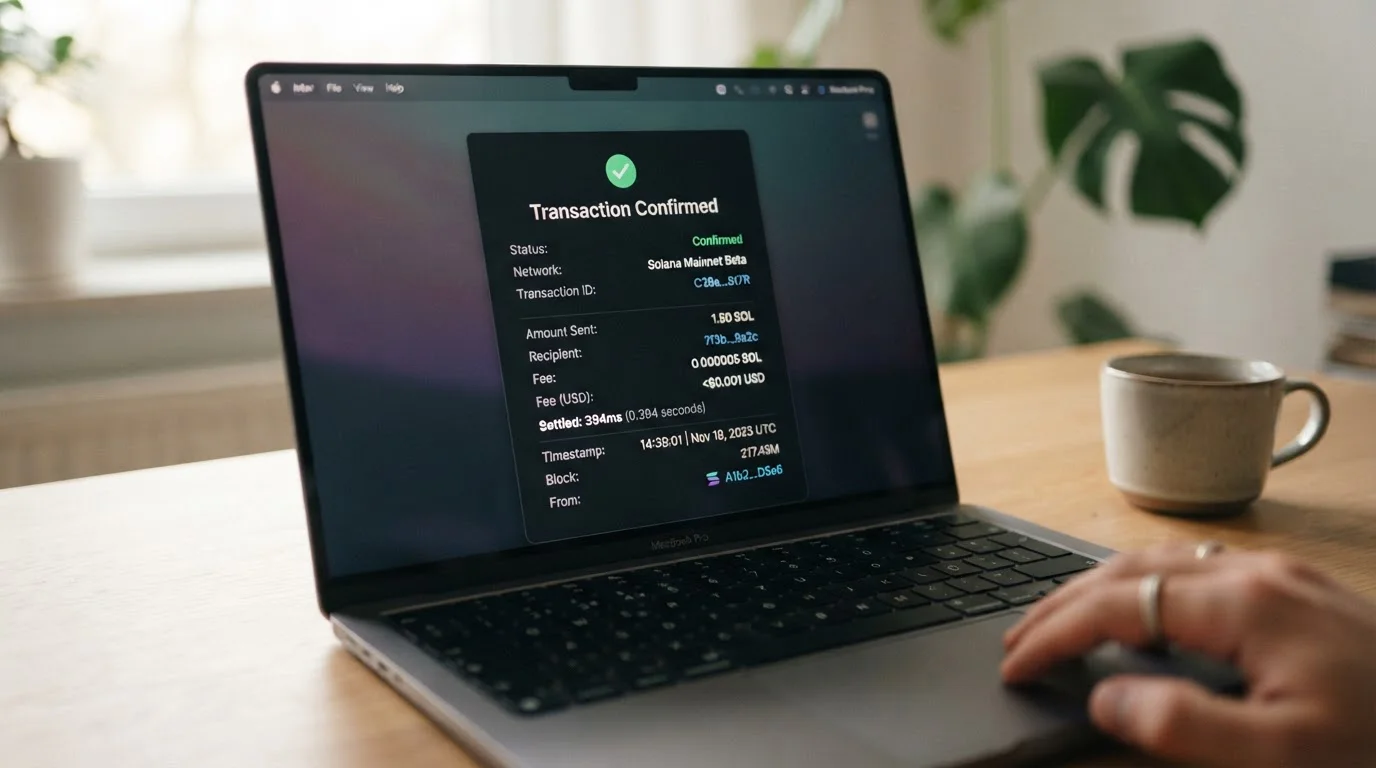 Solana blockchain transaction confirmation screen showing sub-second settlement time and near-zero fees