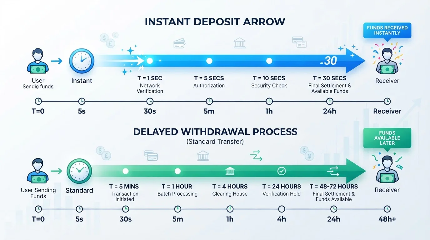 Bank transfer speed timeline showing deposit and withdrawal processing times