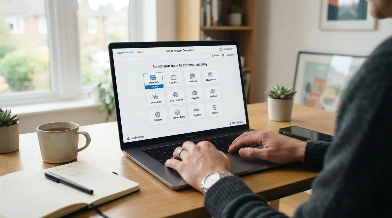 Laptop displaying instant bank transfer connection to major UK banks through open banking
