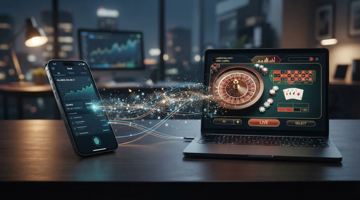 Smartphone with banking app and laptop with casino interface showing data flow visualisation
