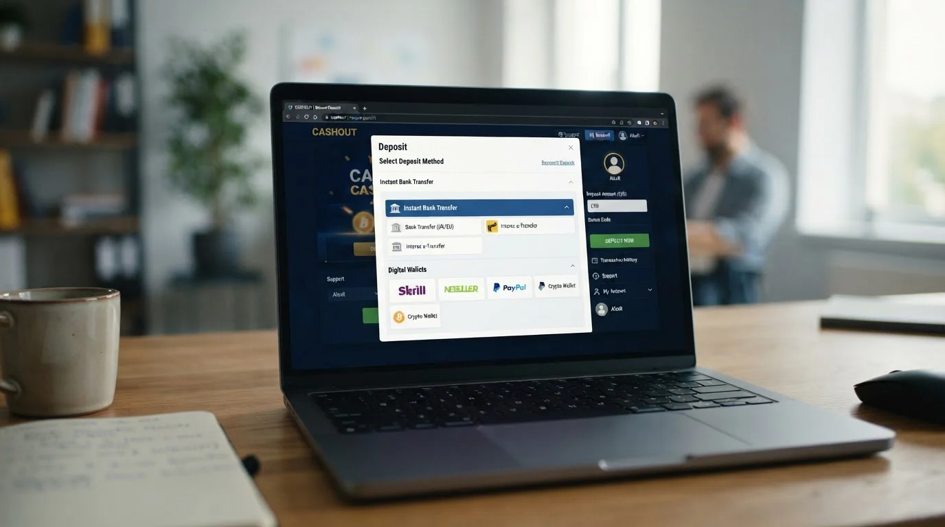 Laptop displaying casino cashier interface with Trustly and PayPal deposit options highlighted