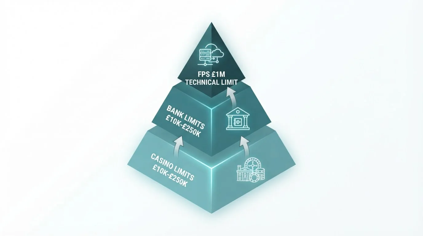 Infographic showing three-tier limit structure: FPS £1M technical limit, bank limits £10k-£250k, casino limits £10k-£250k