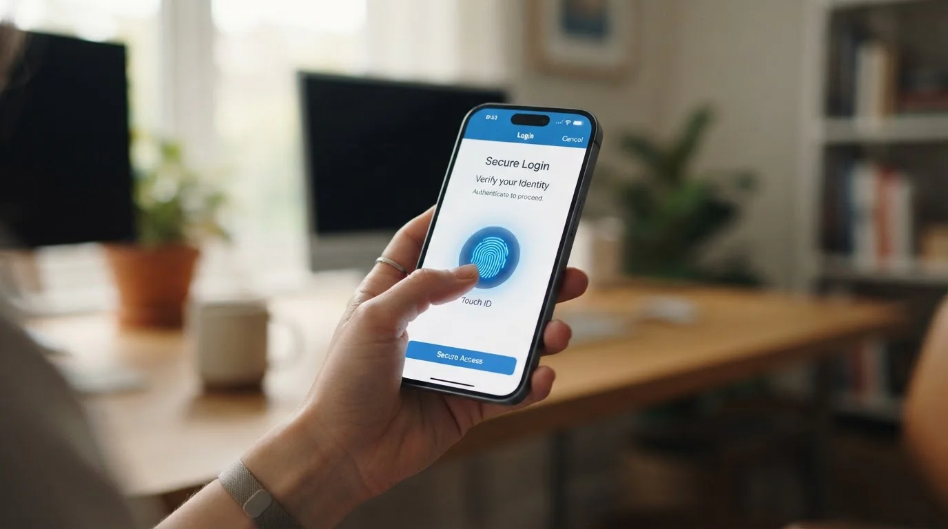 Mobile phone displaying bank authentication screen with fingerprint icon