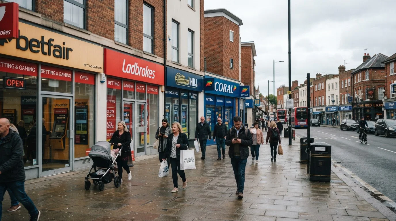Modern UK high street with recognizable betting shop facades showing established brands