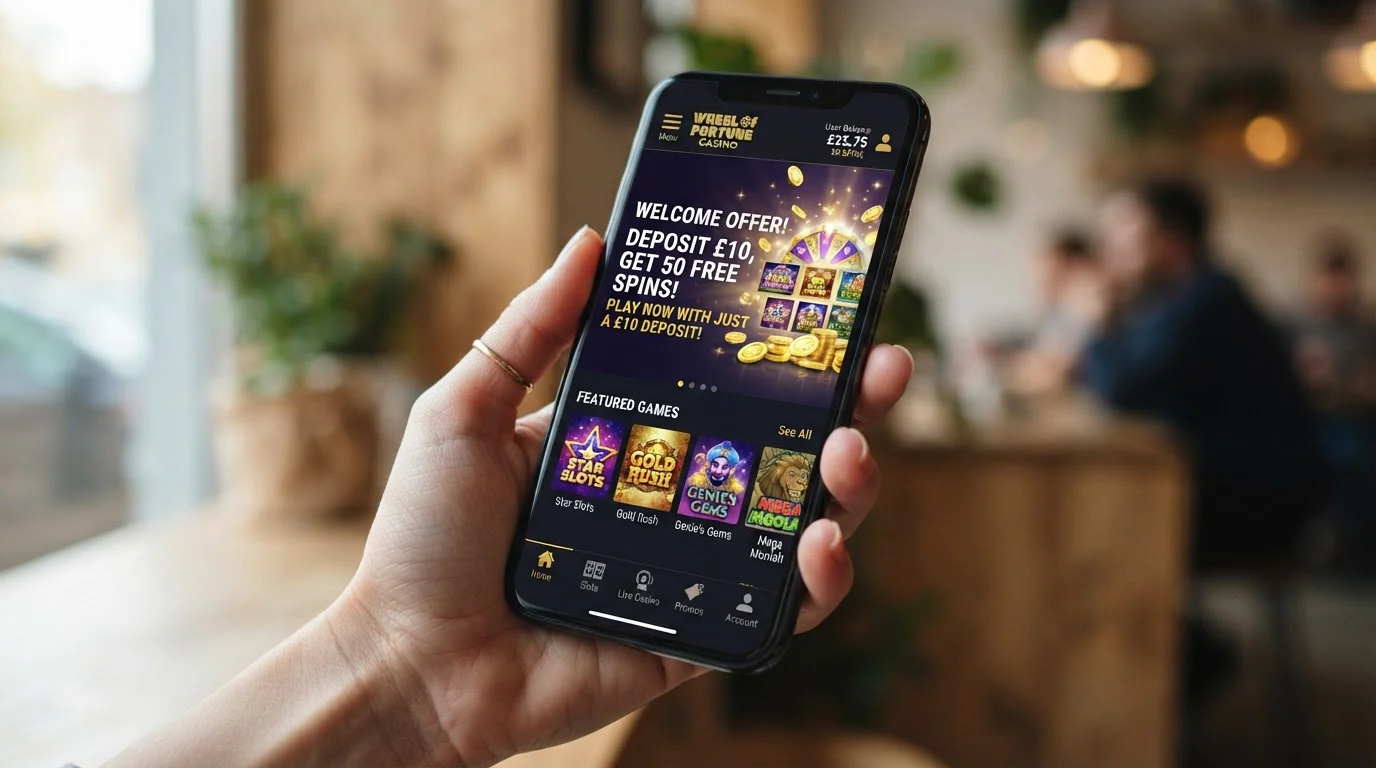 Smartphone displaying casino app welcome screen with £10 deposit bonus offer, clean modern interface