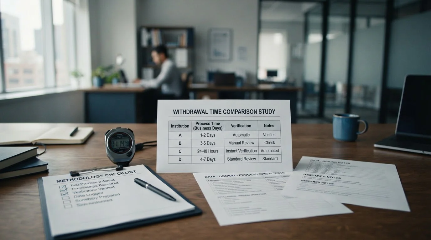 Comparison table showing casino withdrawal times with clock and checklist