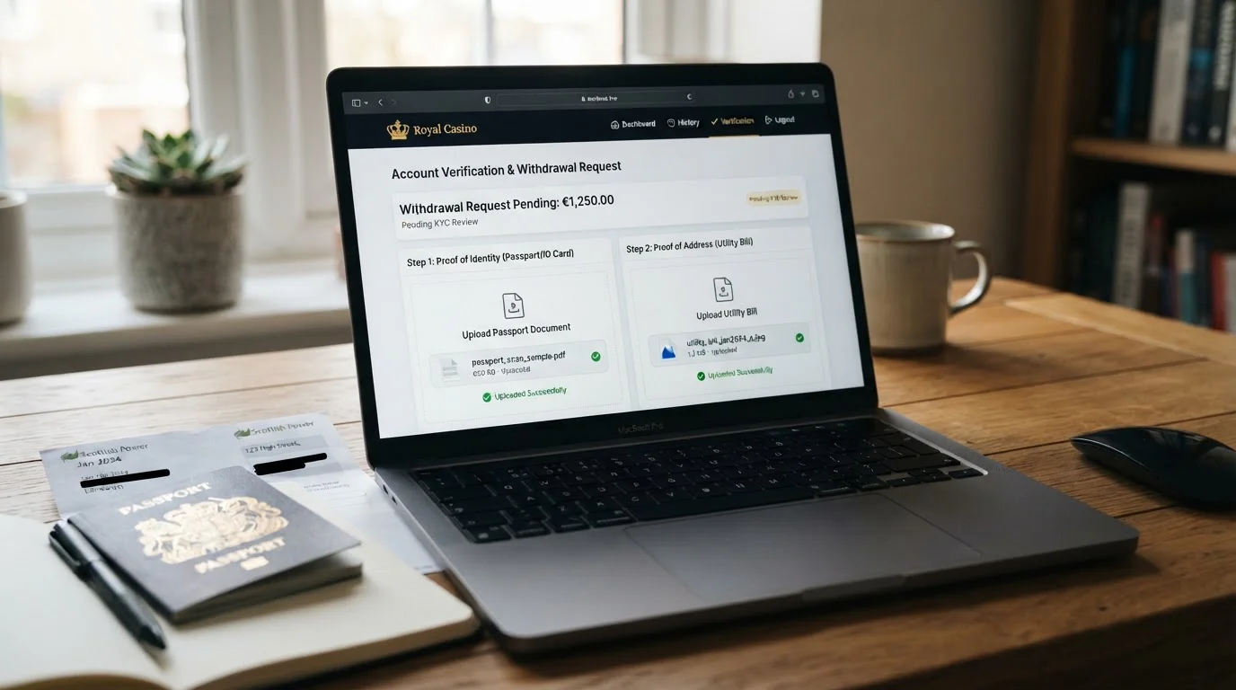 Laptop screen showing casino withdrawal page with pending payout and KYC document upload interface