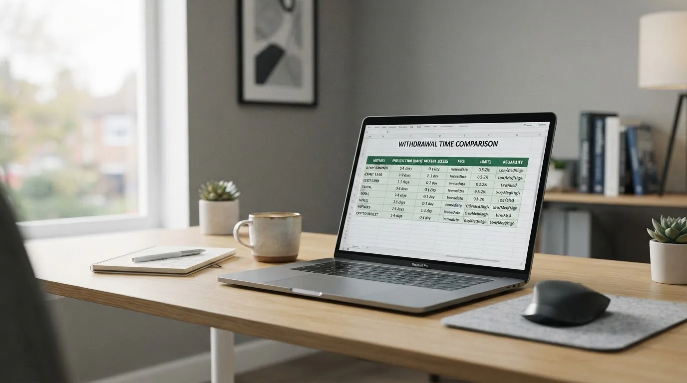Clean desk workspace with laptop displaying casino comparison spreadsheet and withdrawal time data