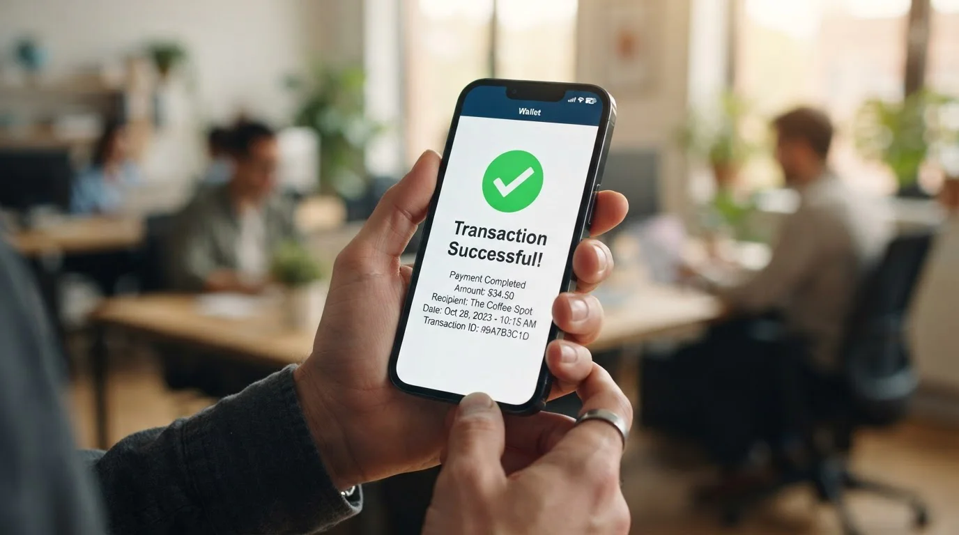 Mobile phone displaying e-wallet payment interface with fast transaction notification