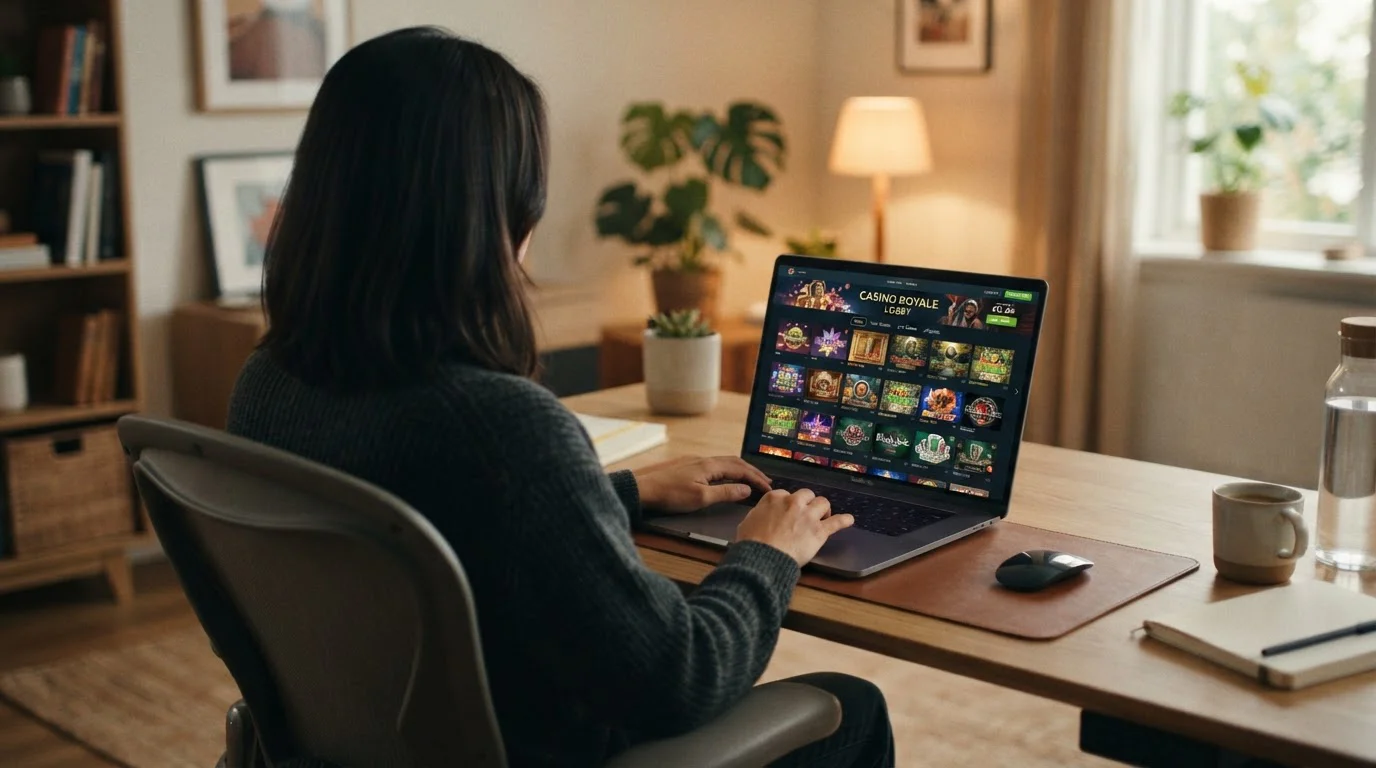 Person at laptop reviewing casino game selection and slot options