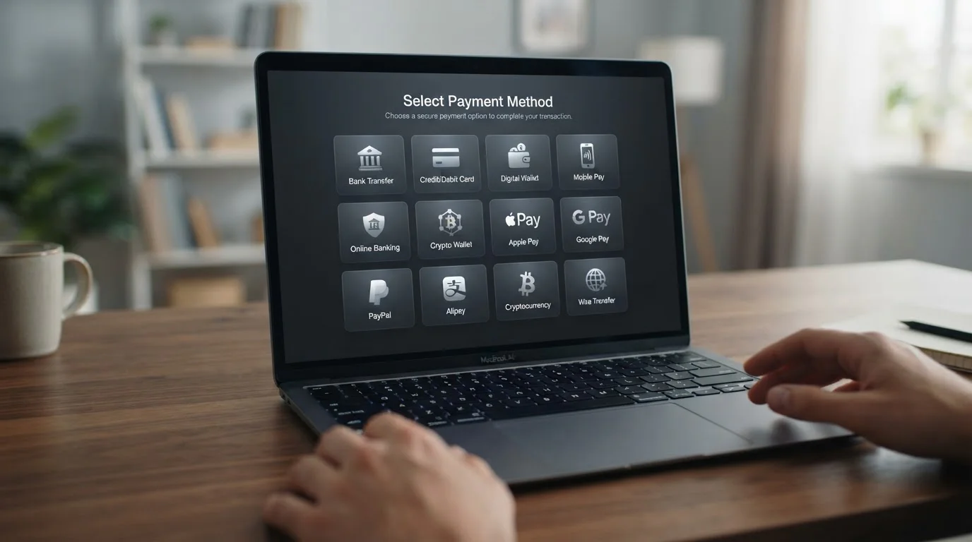 Comparison of payment method icons including Trustly PayPal Apple Pay on laptop screen