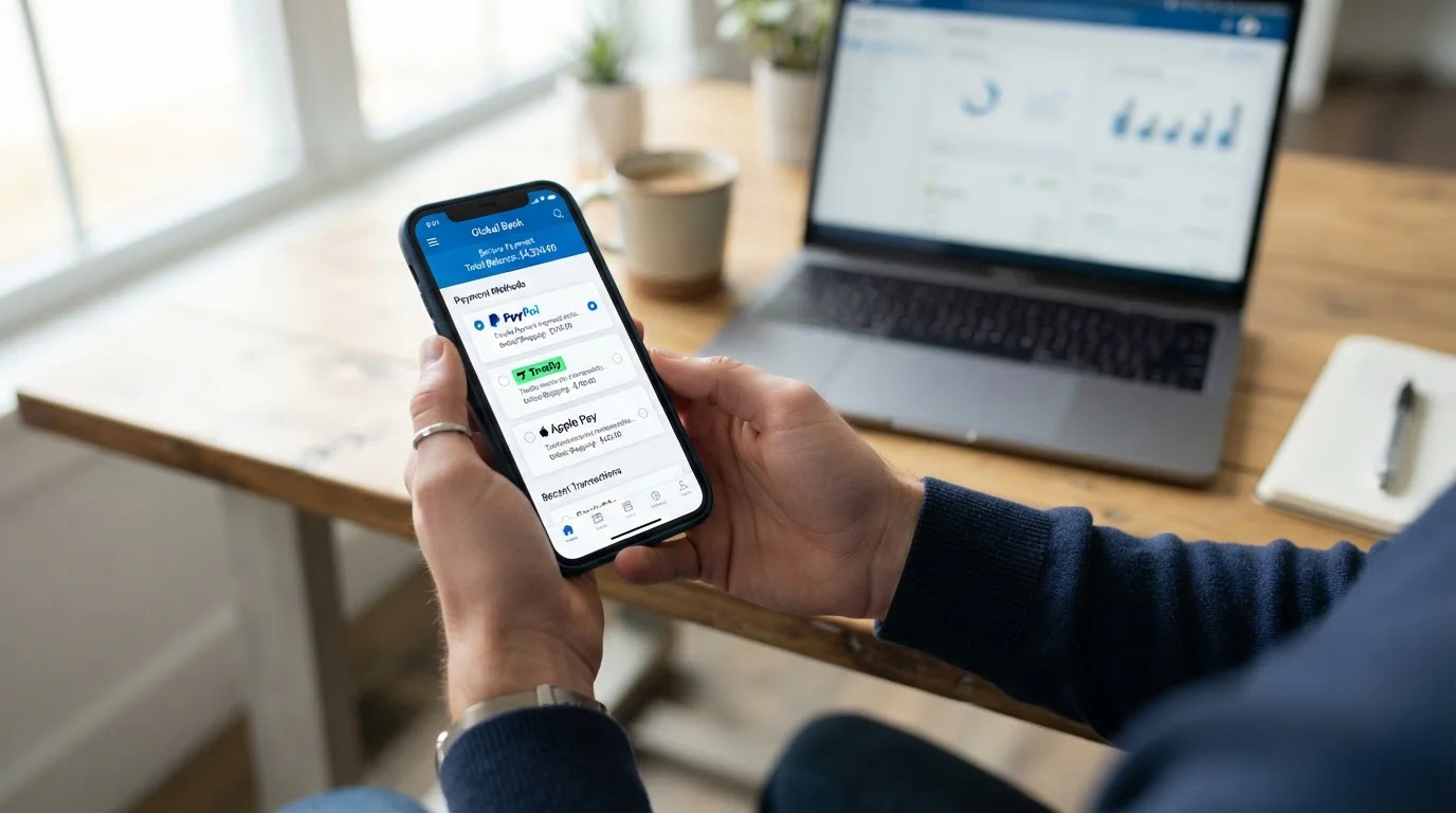 Smartphone showing PayPal, Trustly, and Apple Pay payment options