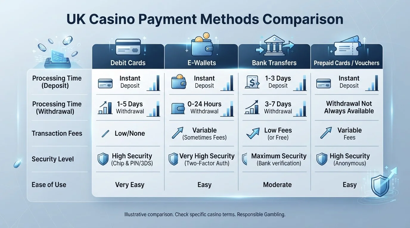 Comparison infographic of UK casino payment methods including cards, e-wallets, and bank transfers