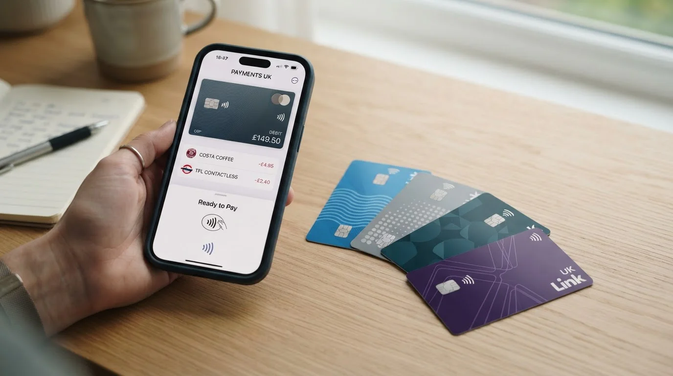 Close-up of UK debit cards and smartphone showing mobile payment app, no card numbers visible