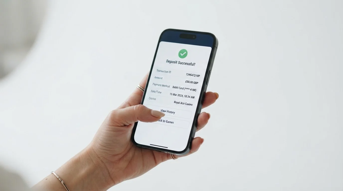 Smartphone showing mobile payment interface with casino deposit screen