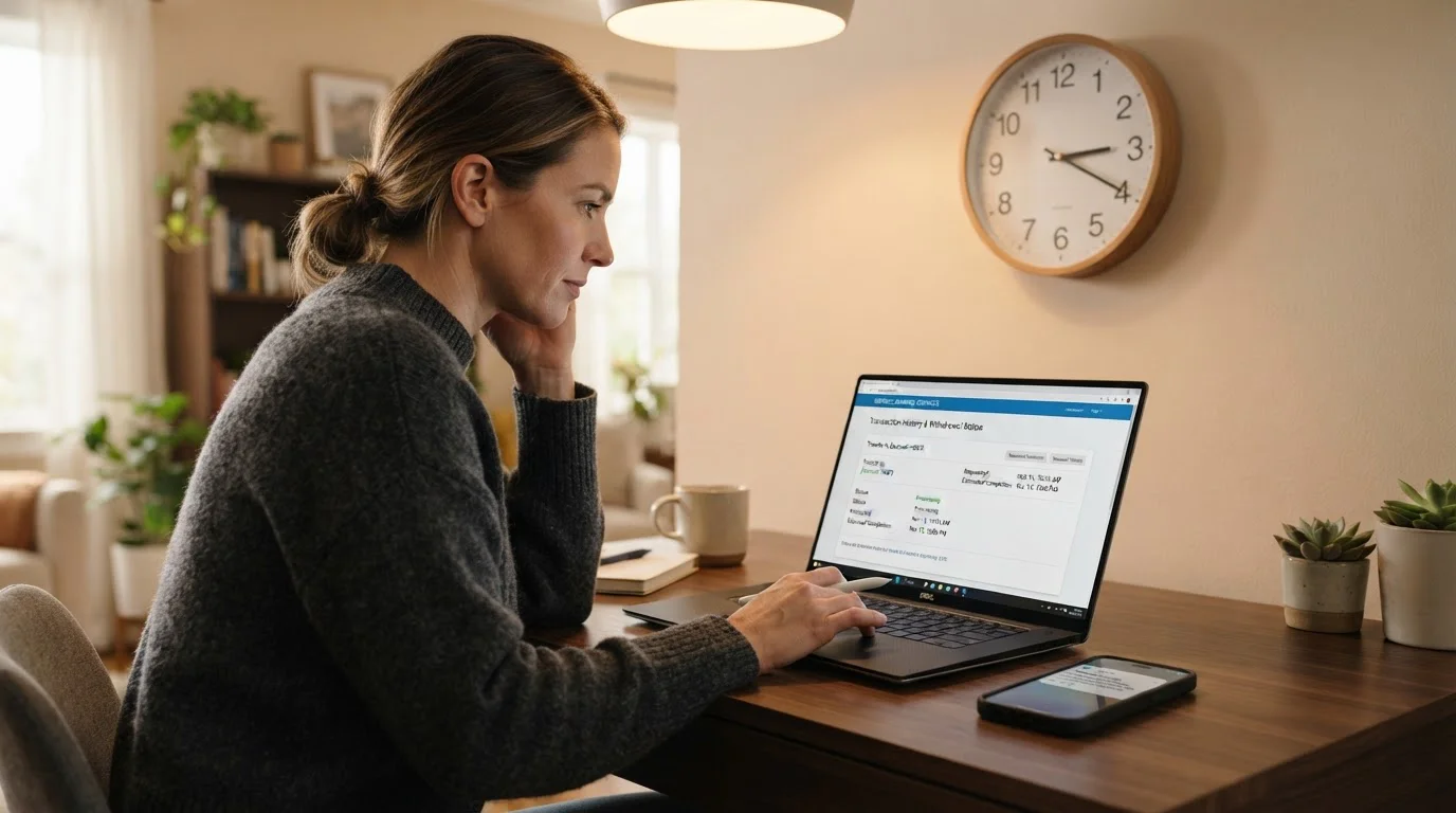 Person reviewing casino withdrawal times on laptop with clock showing fast payout methods
