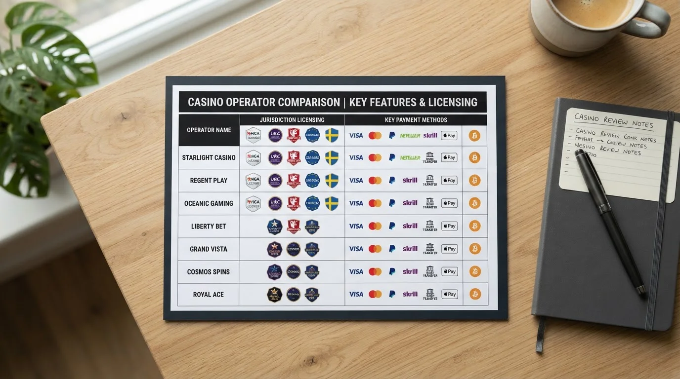 Comparison document showing UK casino operators with licensing badges and payment method icons