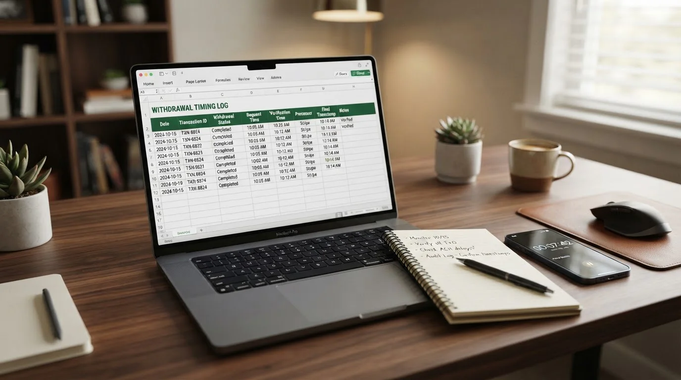 Desktop workspace showing casino withdrawal timing comparison spreadsheet with verified test results