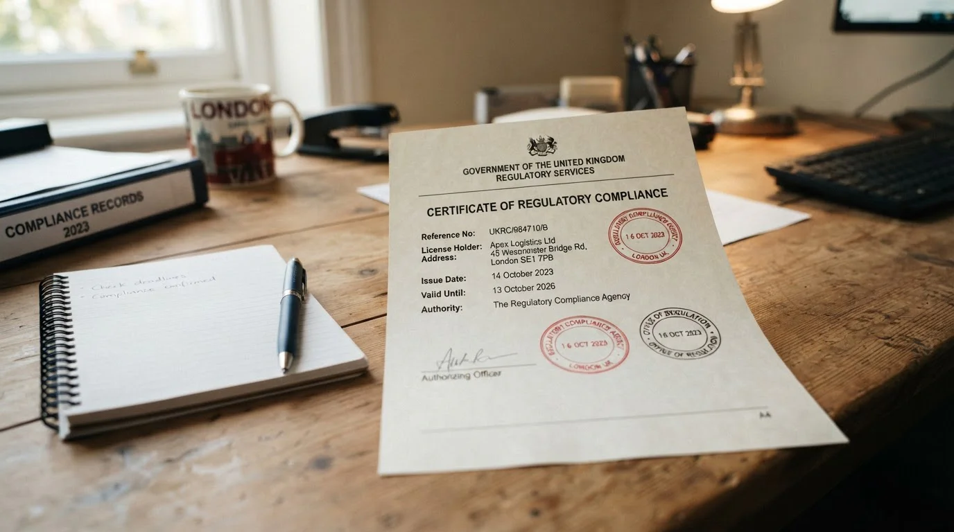 Official UK gambling regulatory document on desk with stamp and pen