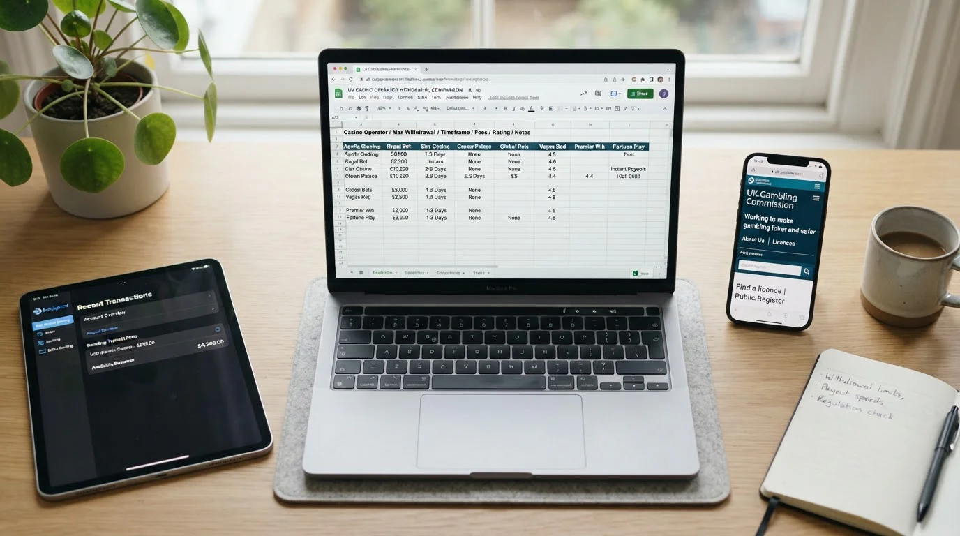 Professional desk scene with UK casino comparison documents and UKGC licence verification